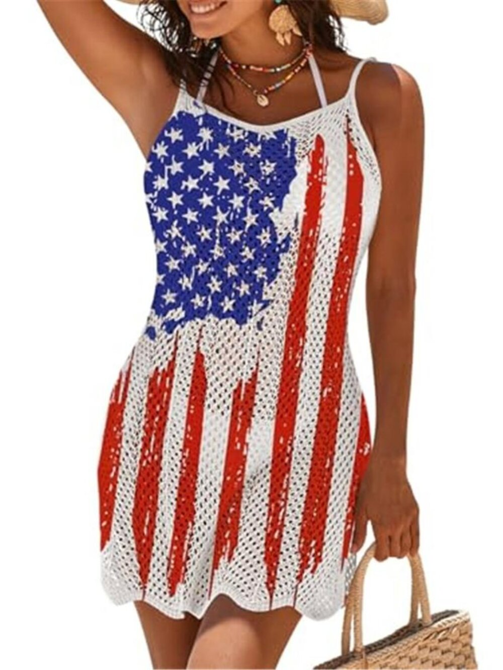 Women's Patriotic USA Crochet Swim Cover Up Beach Dress